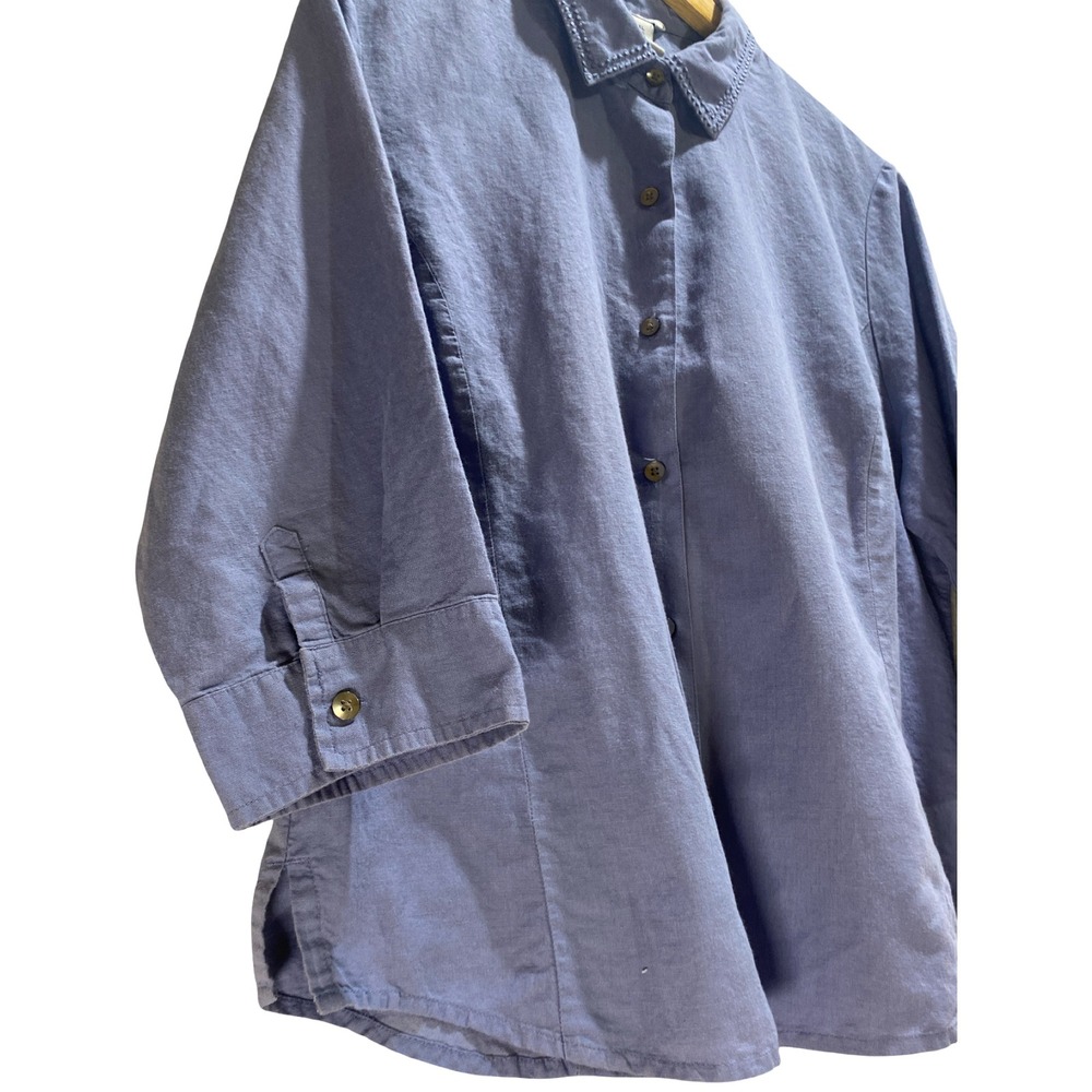 Bass Womens XL Blue Linen Cotton 3/4 Sleeve Button Down Shirt Embroidered Collar - Picture 4 of 10